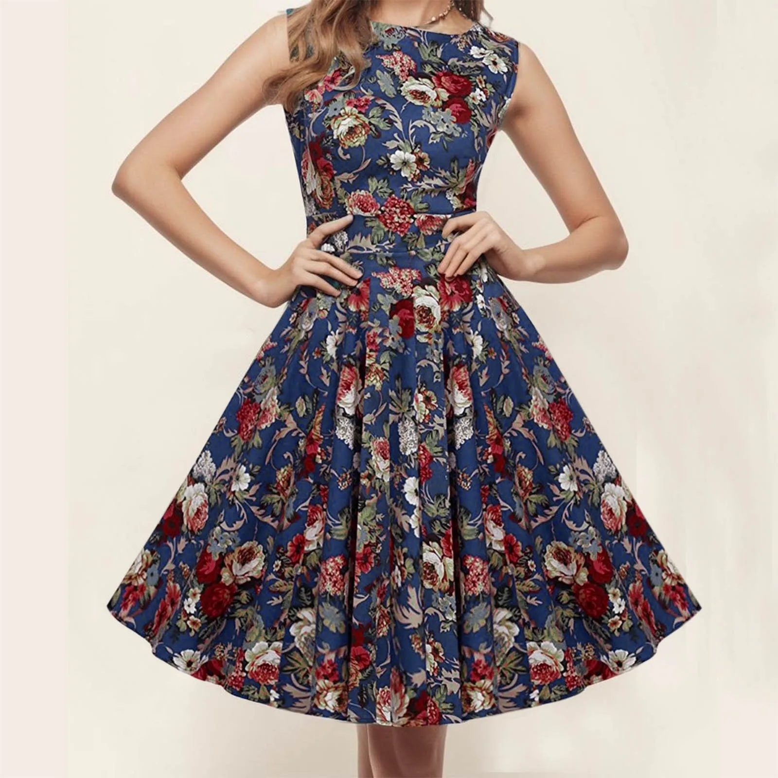 

Retro Summer Dress Women 2023 Vintage Vestido Sleeveless High Waist Floral Printing Femme Swing Sundress Party Clothing Robe