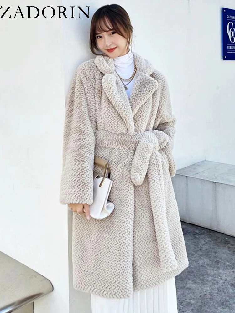 ZADORIN Korean Style Furry Thick Warm Faux Fur Women Coat Winter 2022 Lapel Long Pink Faux Fur Jacket With Belt Female Overcoat