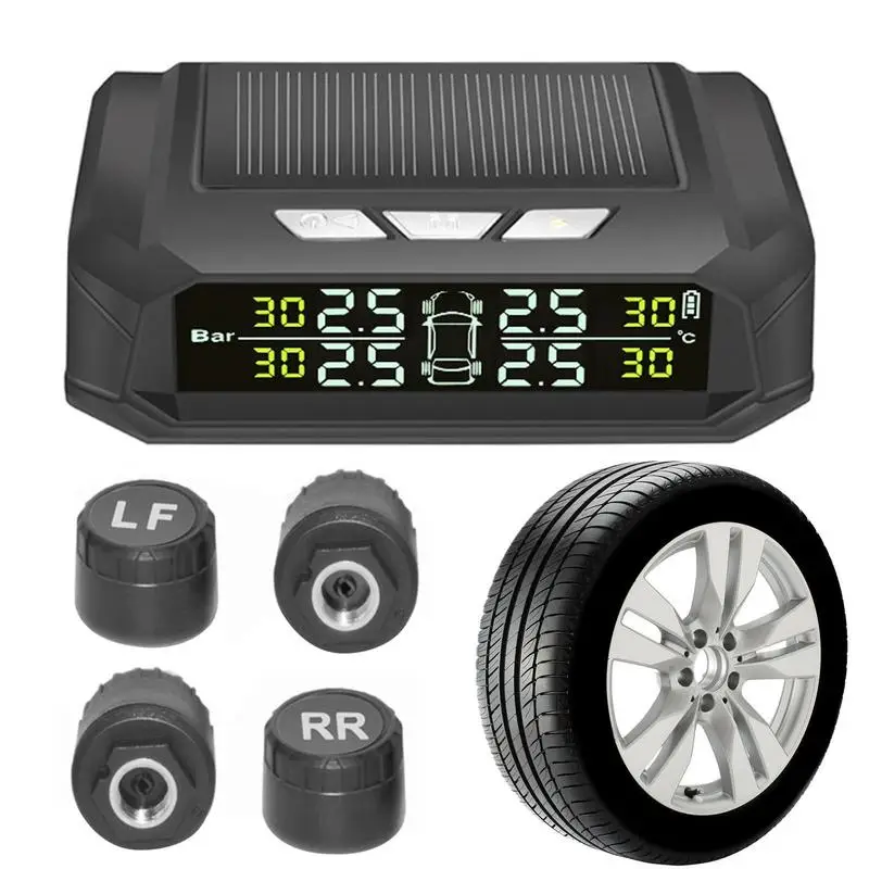 

Tire Pressure Monitoring Systems TPMS Wireless Solar RV Tire Pressure Monitoring With Digital LCD Display 4 External Sensors RV