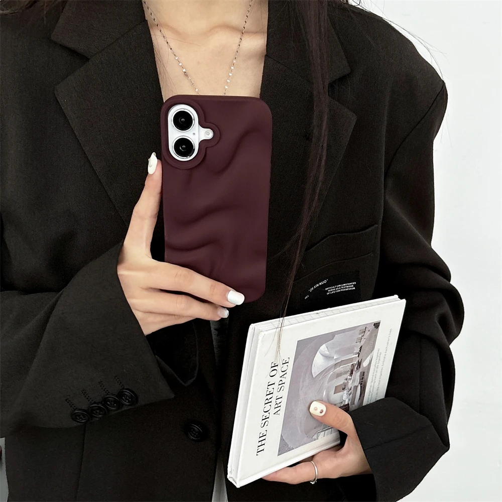 Роскошный чехол для телефона с матовым винно-красным водной рябью iPhone 15 14 Plus 16 13 12
