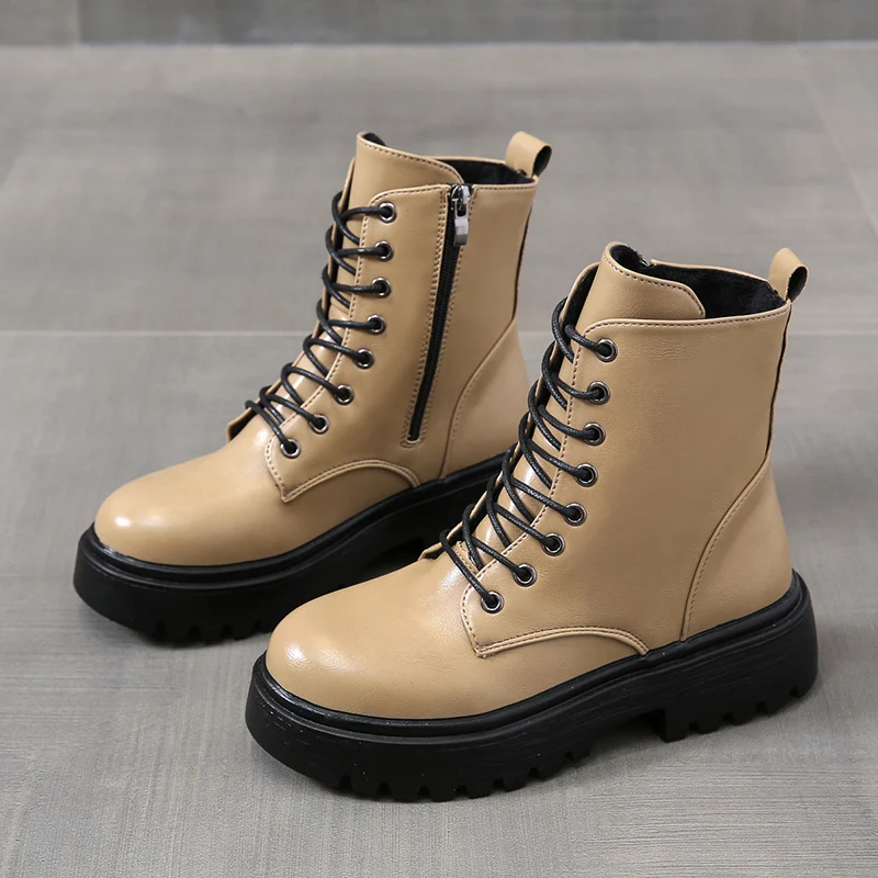 

Ankle Boots Women 2022 Winter Warm Plush Platform Shoes Round Toe Lace-up Motorcycle Boot Female Chunky Heels Designer Footwear