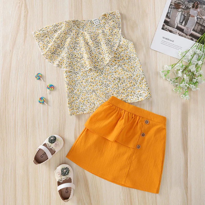 

2022 Summer Children Sets Sleeveless Floral Ruffles Orange 2Pcs Roupa Infantil Menina Clothes Sets 18M-6T