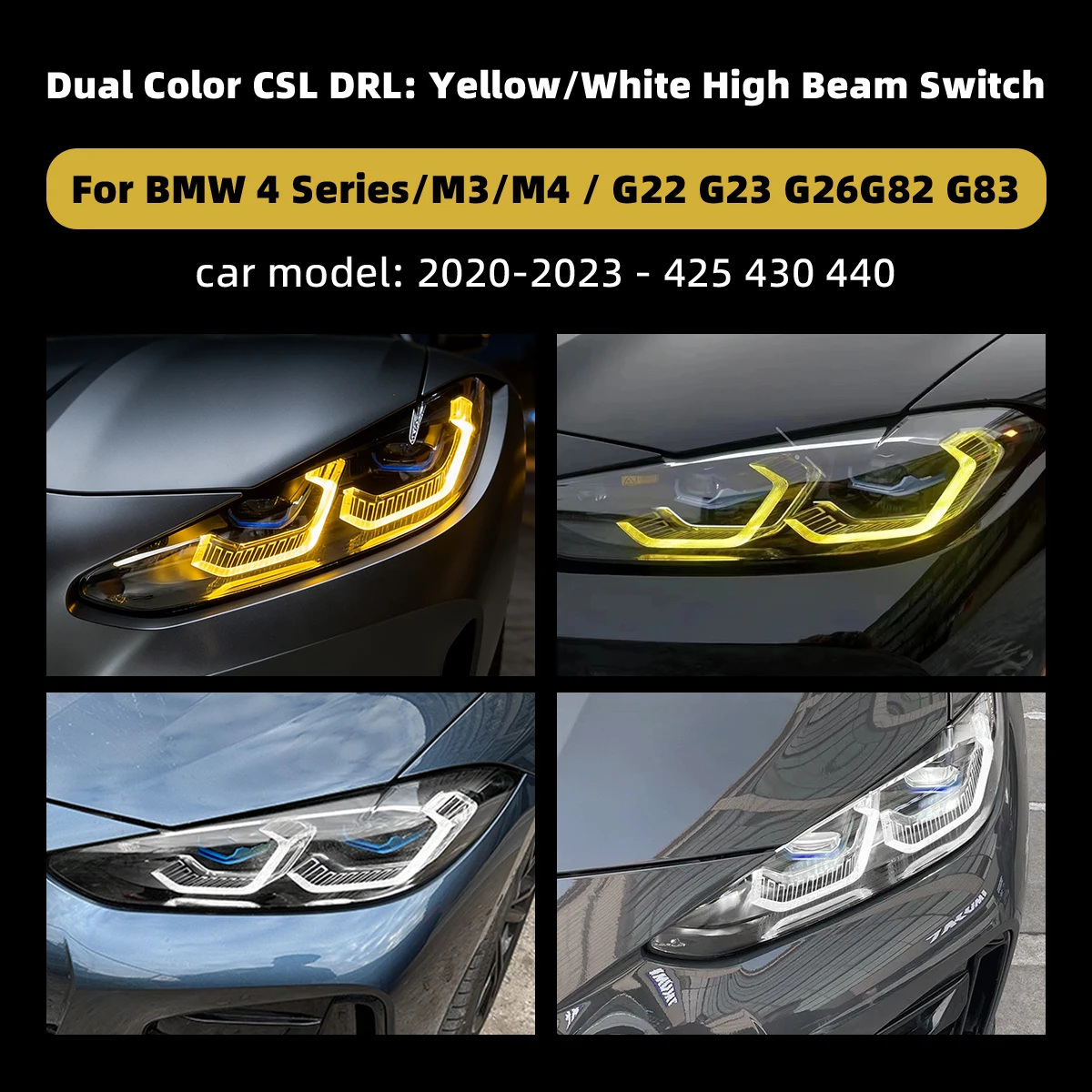 Фото Для BMW 4 серии M3 M4 G22 G23 G26 G80 G82 G83 2020-2023 Двухцветные ДХО CSL (желтый/белый) с функцией дальнего света, Plug and Play №4