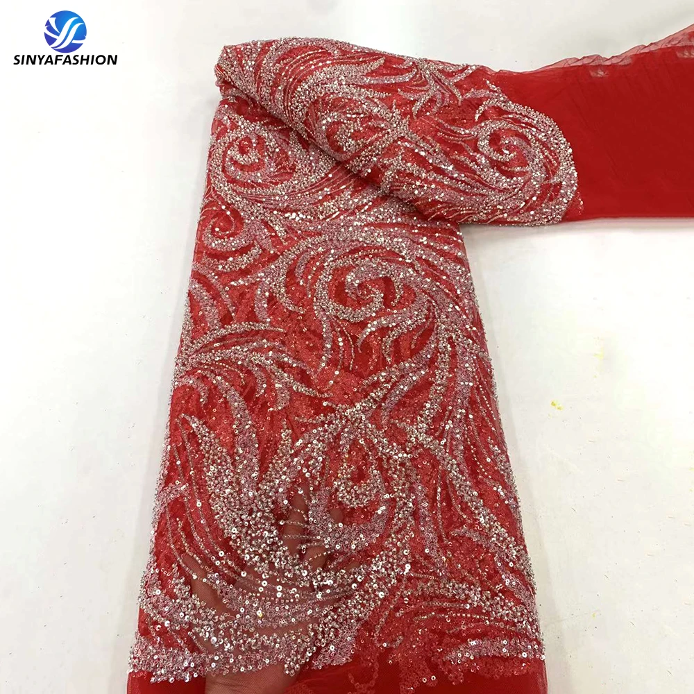 

Sinya China Red African Luxury Heavy Sequins Beaded Lace Fabric High Quality French Tulle Wedding Bridal Asoebi Dress Materials