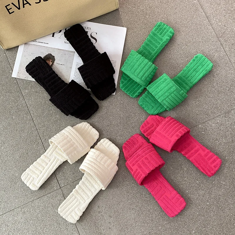 

Hot Sale Women's Large Size One-line Square Head Towel Slippers 2022 Summer New Flat Bottom Sandals Women