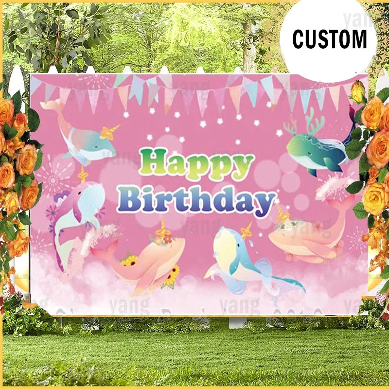 

Narwhal Photo Backdrop Baby Shower Happy Birthday Party Photography Background Booth Prop Decor Banner