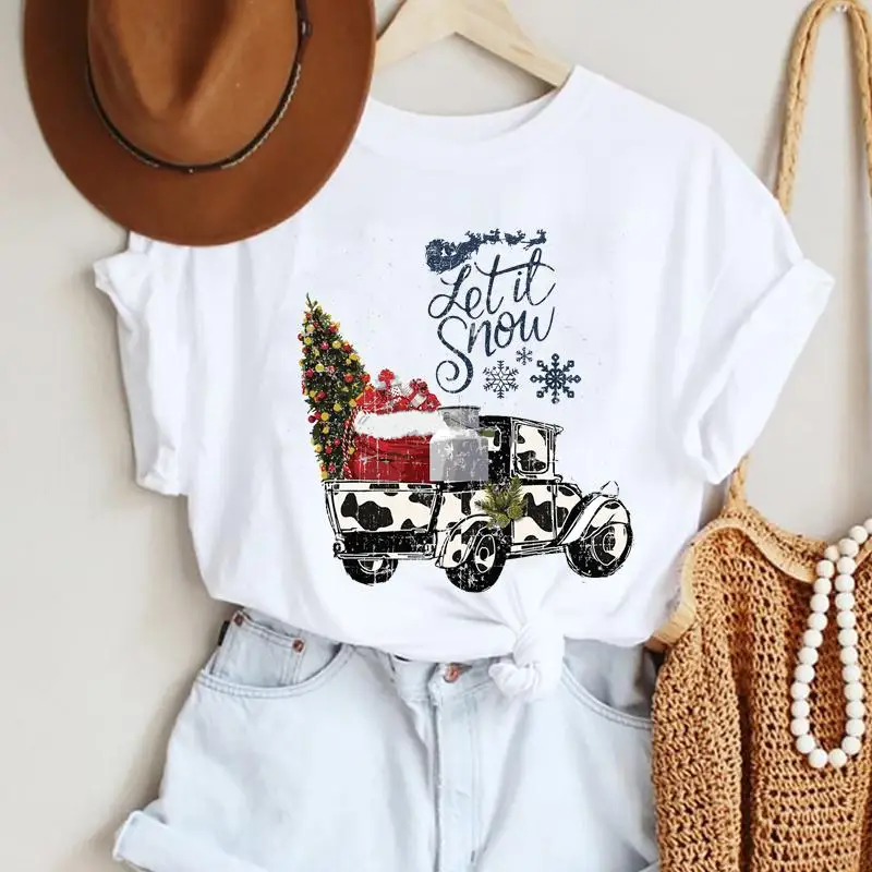 

Trend Women Gift Leopard Truck 2022 Happy Christmas T-shirts Holiday New Year Fashion Print Top Graphic Tshirt Travel Tee