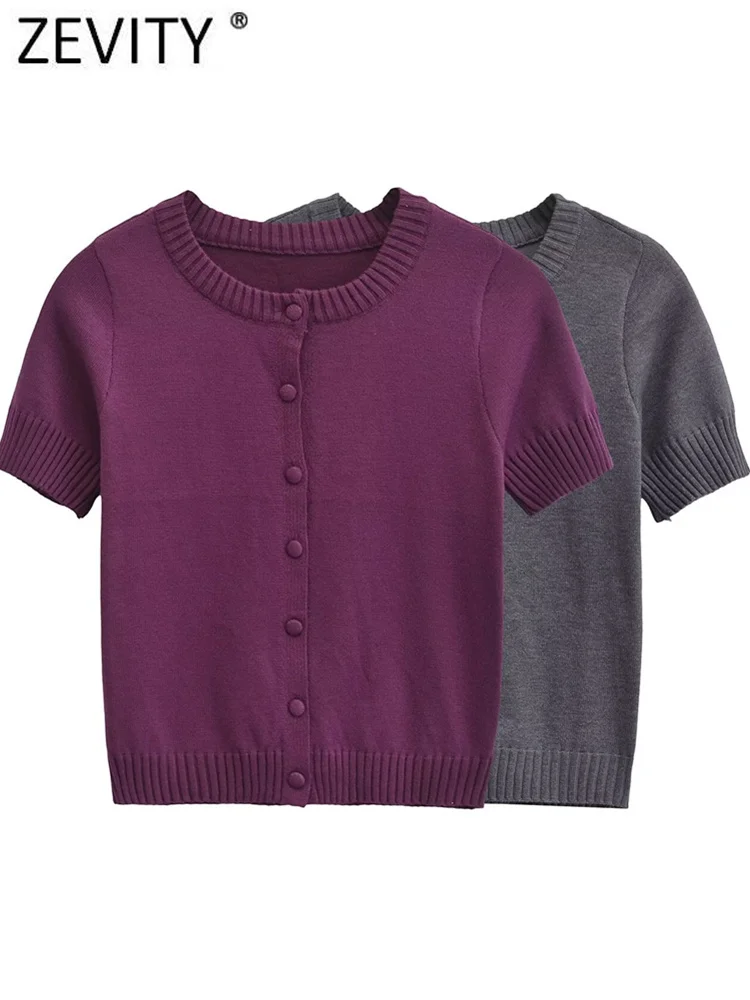 Zevity 2024 женский модный однобортный вязаный тонкий свитер с круглым вырезом и