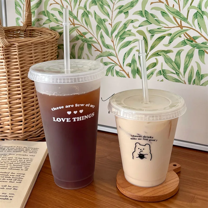

470/700ml cute bear pattern English straw plastic water cup summer coffee cup milk juice cup portable large capacity