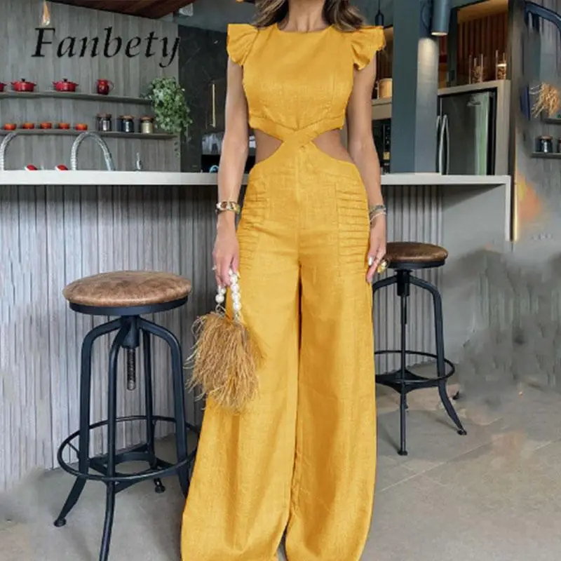 

Summer Solid Color Hollow Out Straight Jumpsuit Fashion Ruffles Fly Sleeve Slim Romper Elegant Ladies O Neck Long Pants Jumpsuit