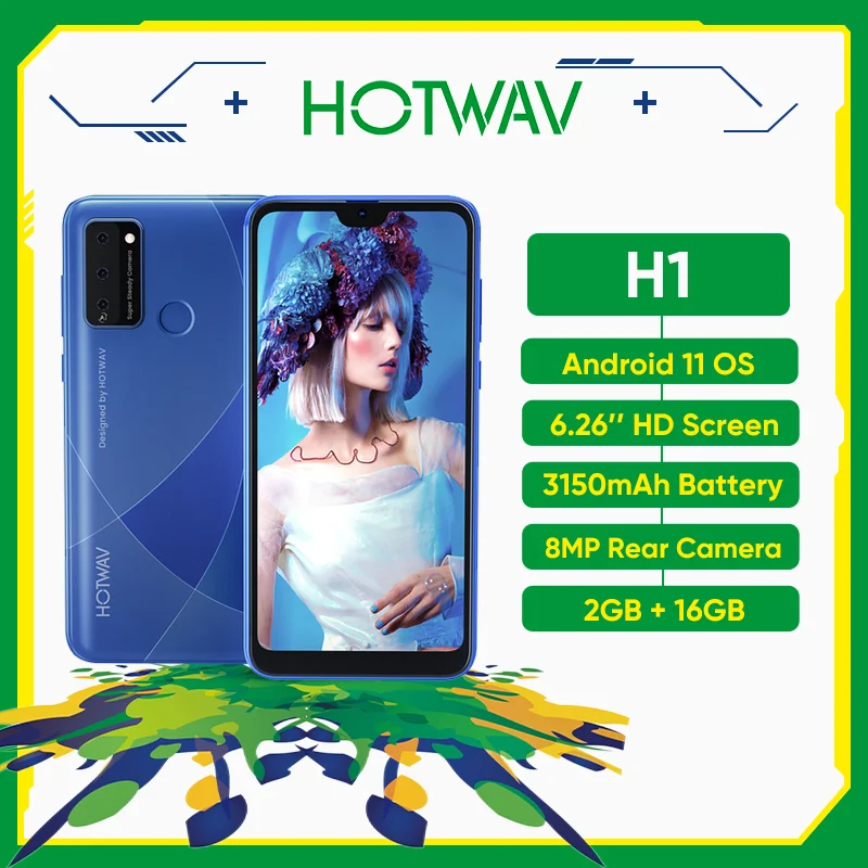 Hotwav H1 Smartphone Android 11 6.26'' HD Large Screen 2GB RAM 16GB ROM 3150mAh Battery 8MP Camera Fingerprint Unlock Cellphones