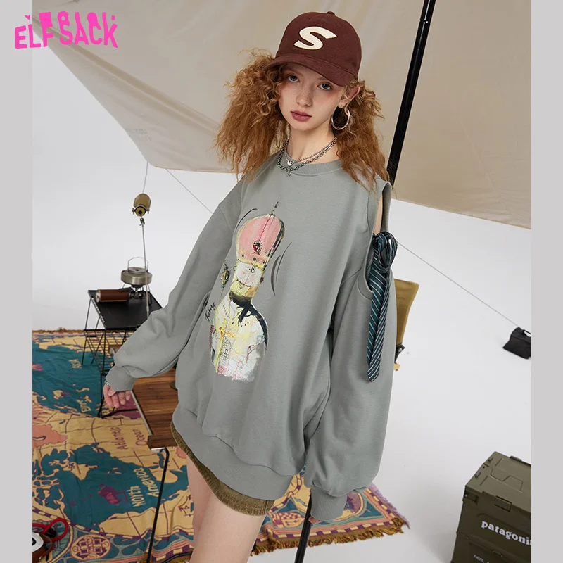 ELFSACK Gray Pullover Hoodies Women 2023 Spring Loose Long Sleeve Casual Tops