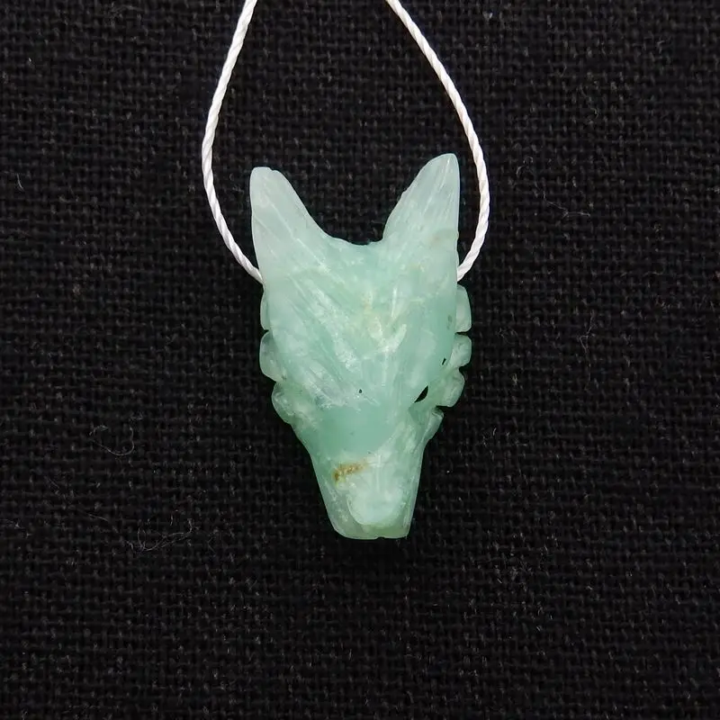Natural Stone Chrysoprase Handcarved Wolf Head Side Drilled Animal Necklace Pendant Bead 24x14x9mm 3g