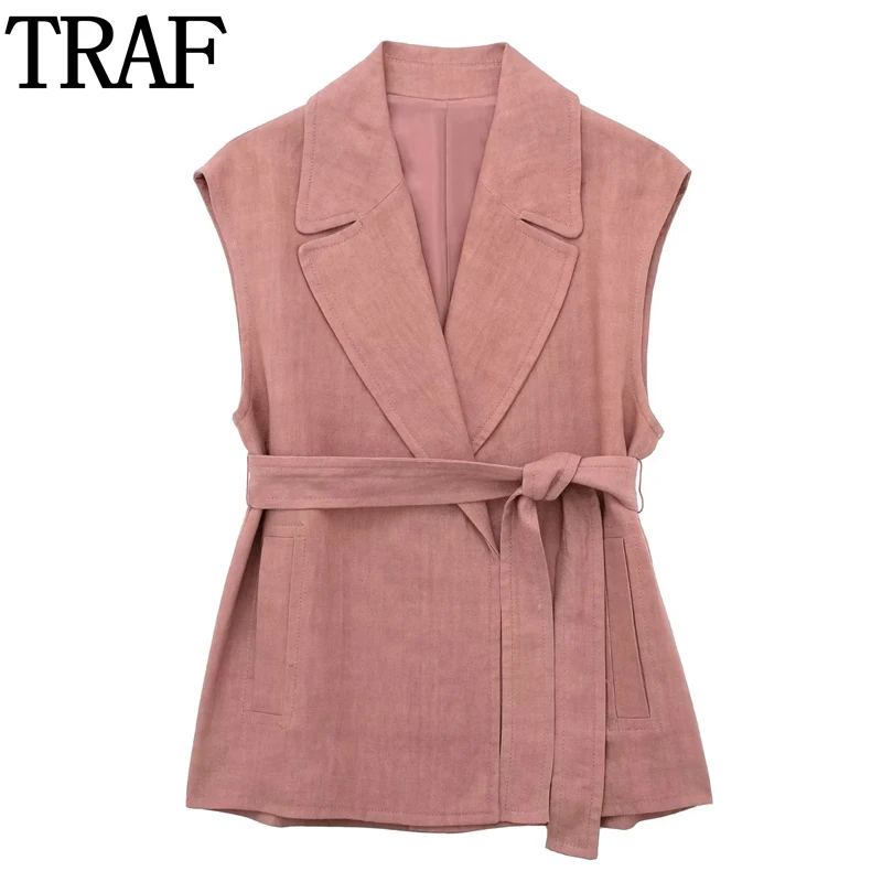 

TRAF 2023 Belt Waistcoat Women Sleeveless Vest Woman Office Casual Women's Long Linen Vest Streetwear Elegant Womens Jackets
