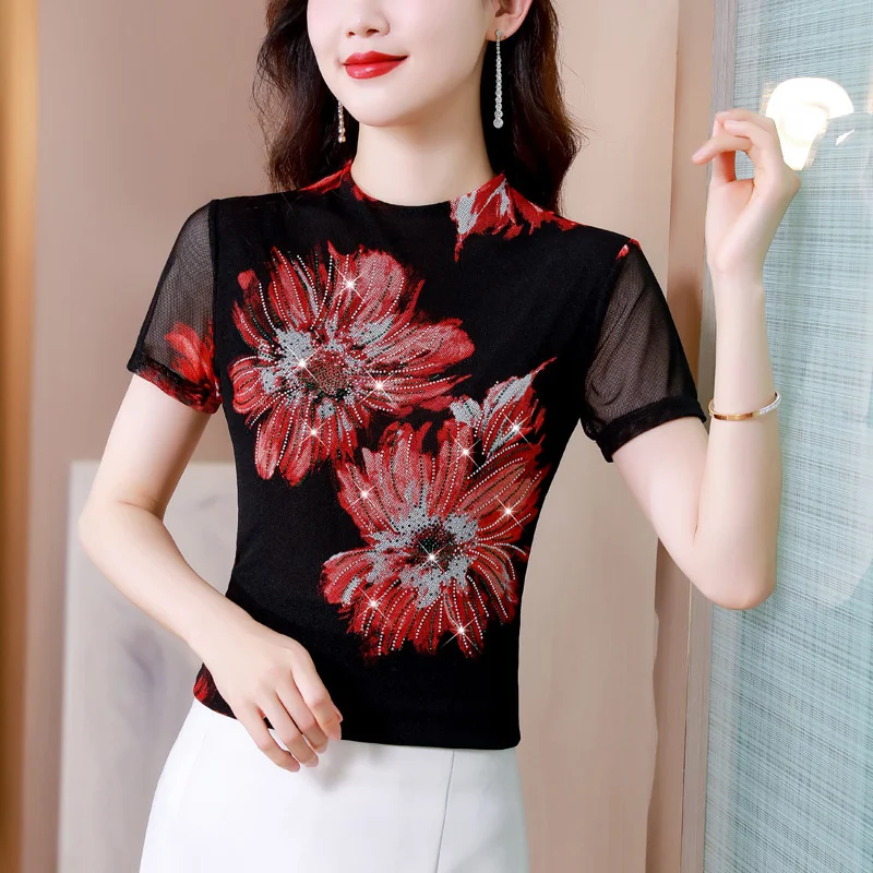 #9240 Сетчатая футболка с цветочным принтом женская сексуальная облегающая