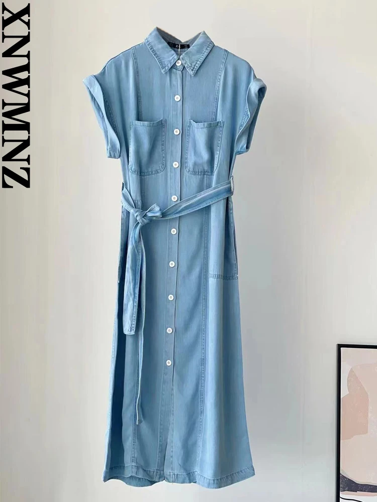 

XNWMNZ женщина 2022 летняя мода синее платье-рубашка миди с карманами на поясе женские винтажные повседневные платья с короткими рукавами сзади ...