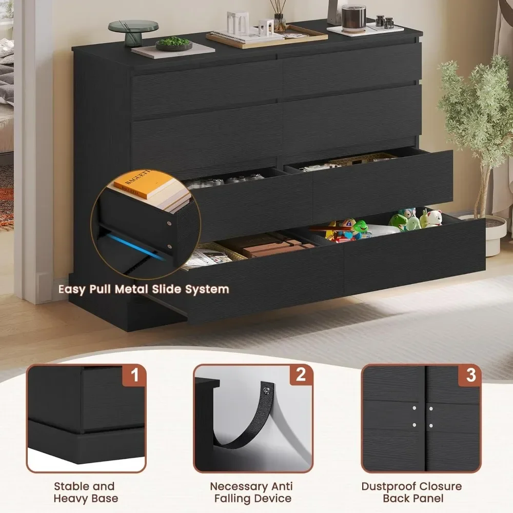 Черный комод для спальни длинный с 8 ящиками Деревянный Комод 51 5 дюйма шкаф