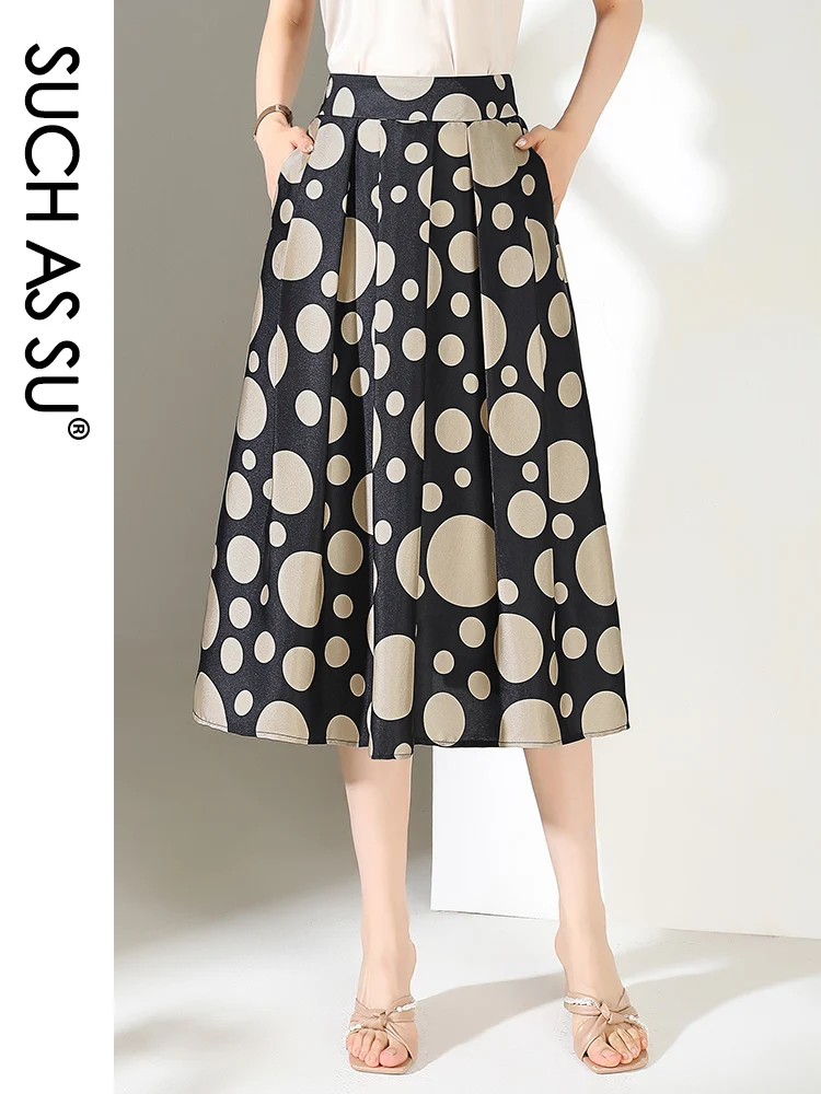 

SUCH AS SU Spring Summer Quality Womens Twill Pleated Skirts Female Dot Print Elastic Waist S-3XL Mid Long Pockets Skirt 33116