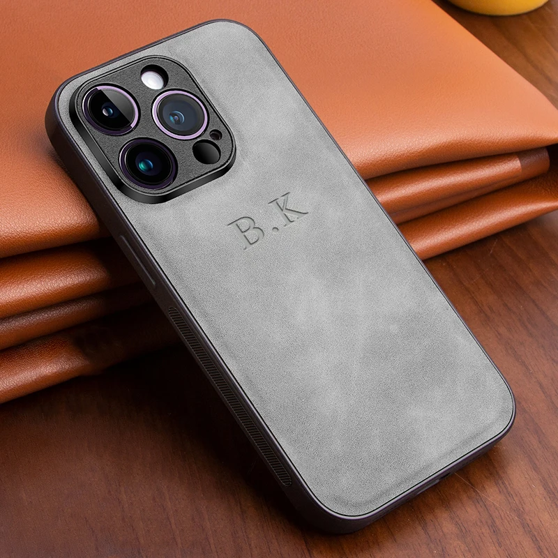 

Luxury Leather Lambskin Phone Case For Iphone 11 12 13 14 Pro Max Personalised Customized Name Initials Letter Cover 11 Pro Max