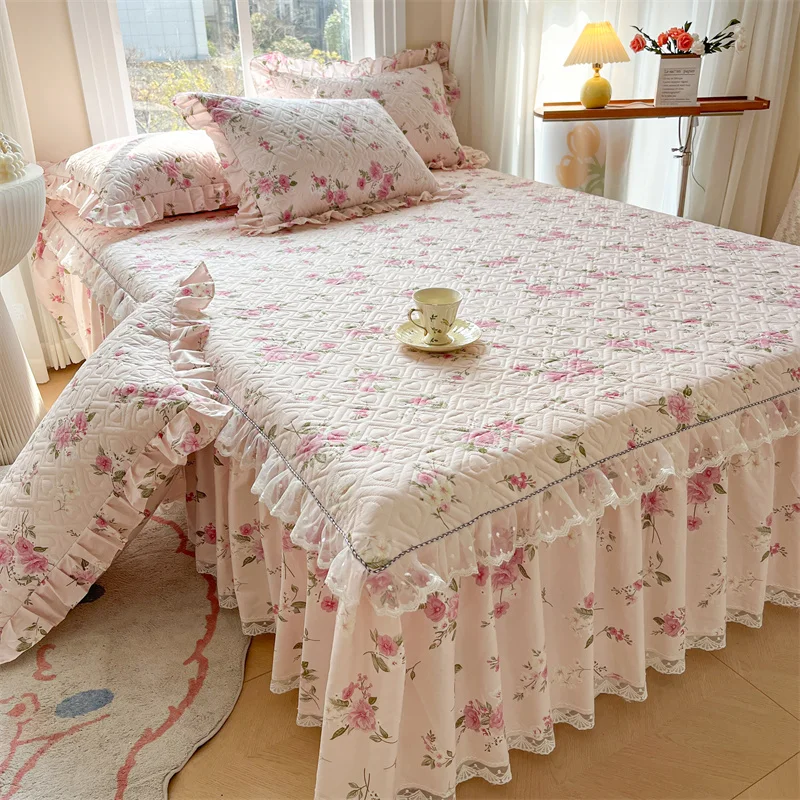 High-End Princess Sle Cotton Printing Clip Bed Skirt Three-Piece Four Seasons Universal Single Bedding
