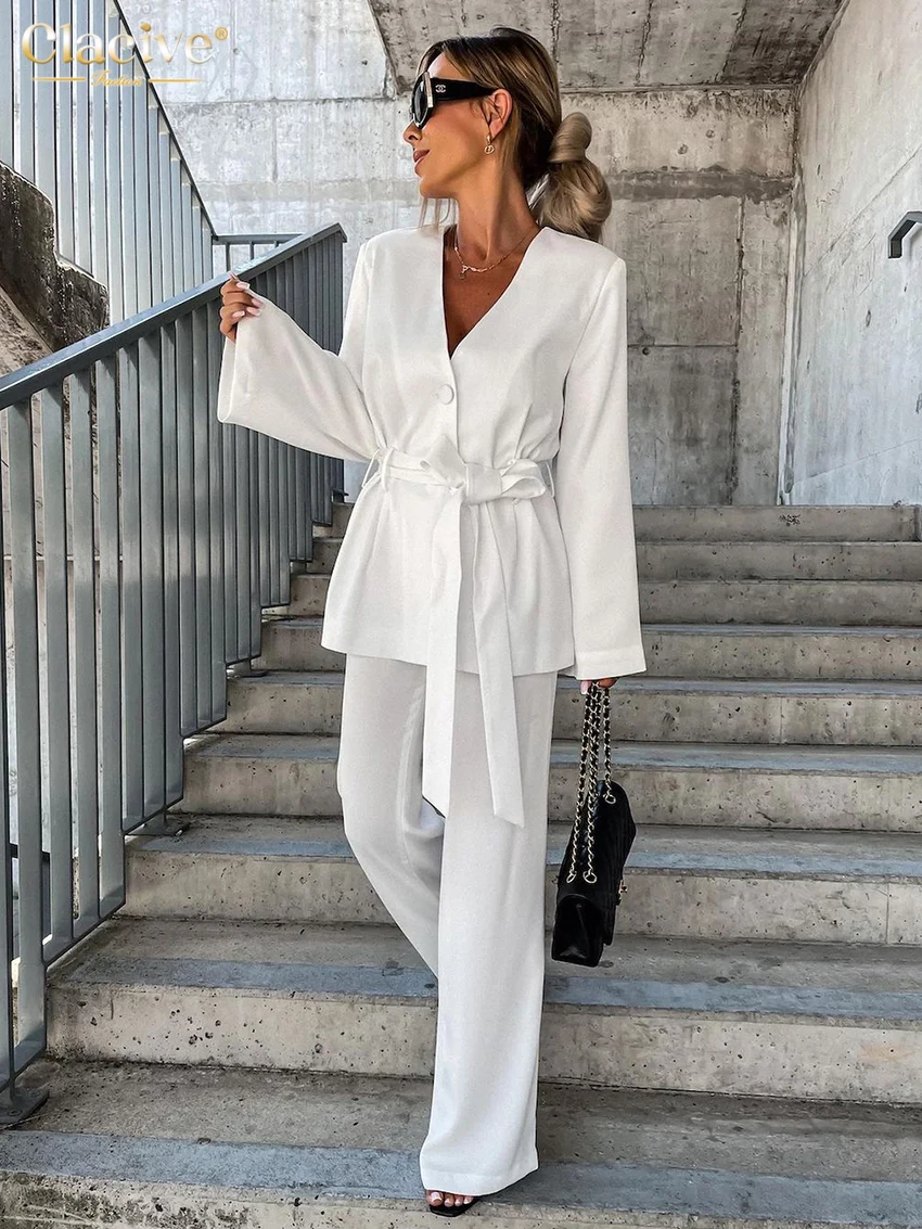 

Clacive Fashion White Satin Pants Set Woman 2 Pieces Elegant Long Sleeve Lace-Up Shirt Matching High Wasit Trousers Suits Female