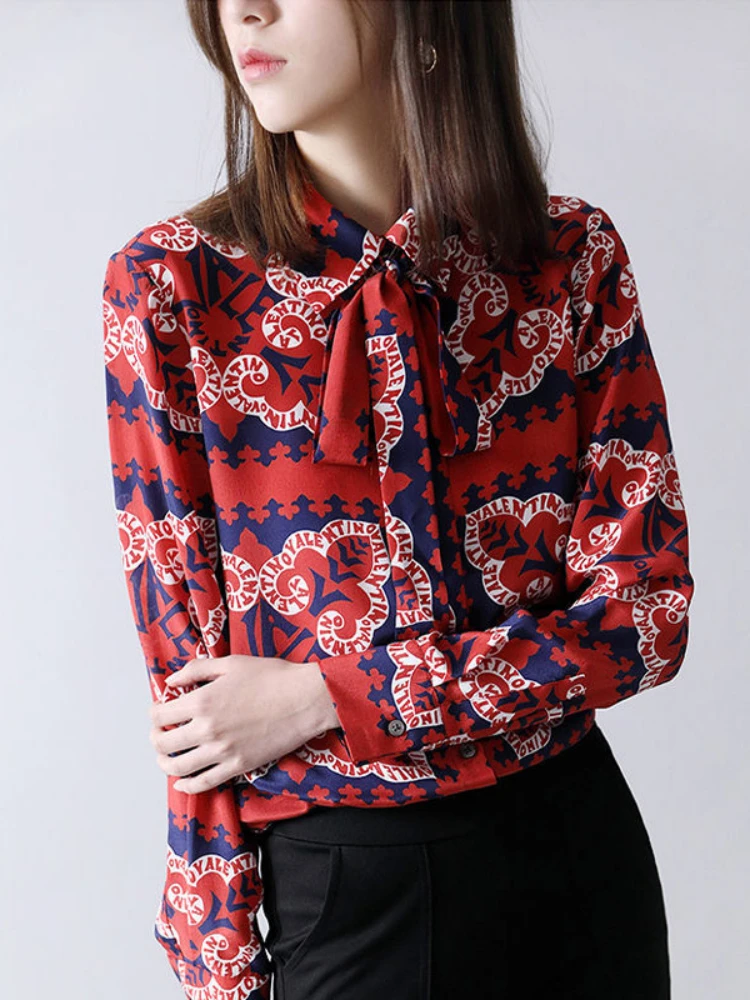 

Long Sleeve Autumn Lace Up Shirt Women 2022 Red Bowknot Blusa Loose Spring and Autumn Printed Chiffon Shirt Top Mujer