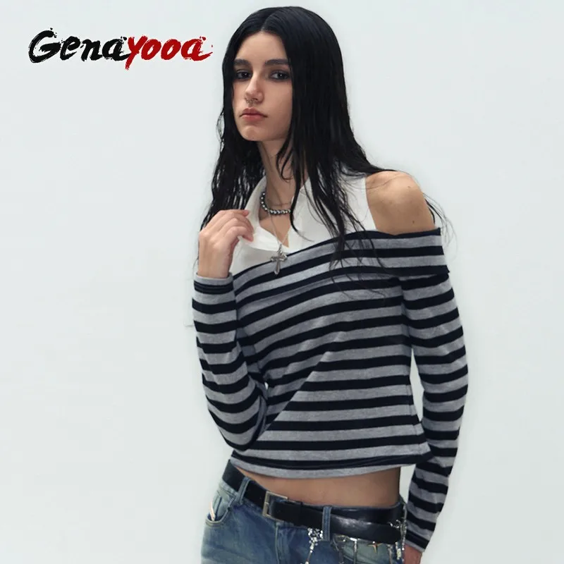Genayooa Vintage Two Pieces Tops Women Patchwork Off Shoulder Print Graphic Streetwear American Retro 90s Tshirts Autumn