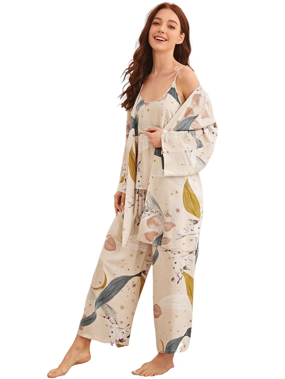 Women's Summer Spring 3 pcs Sleepwear Leaf Print Cami and Pants Pajama Set with Robe Leisure Loose Homewear Jumpsuit Nightwear