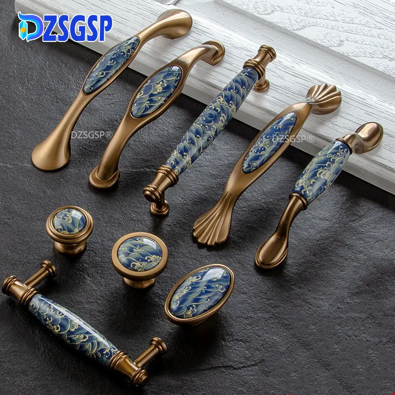 

DZSGSP Blue drawer Dresser handles Closet pulls Leaf hand painted ceramichandle and knobs Cupboard cabinet Knob