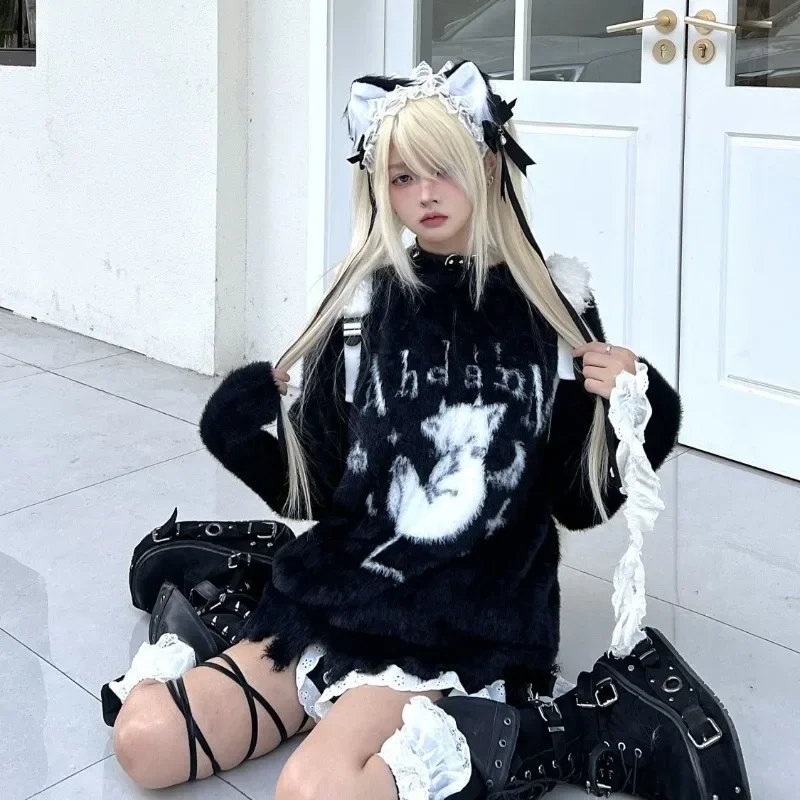 Фото Harajuku готические повседневные вязаные джемперы большого размера в стиле гранж свитер с героями мультфильмов модный трикотаж Y2k эстетический свободный пуловер Balack №2
