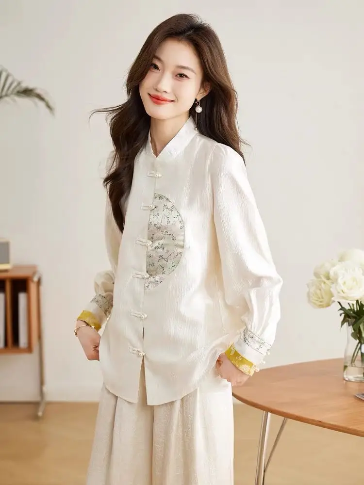 Женская рубашка в китайском стиле с вышивкой