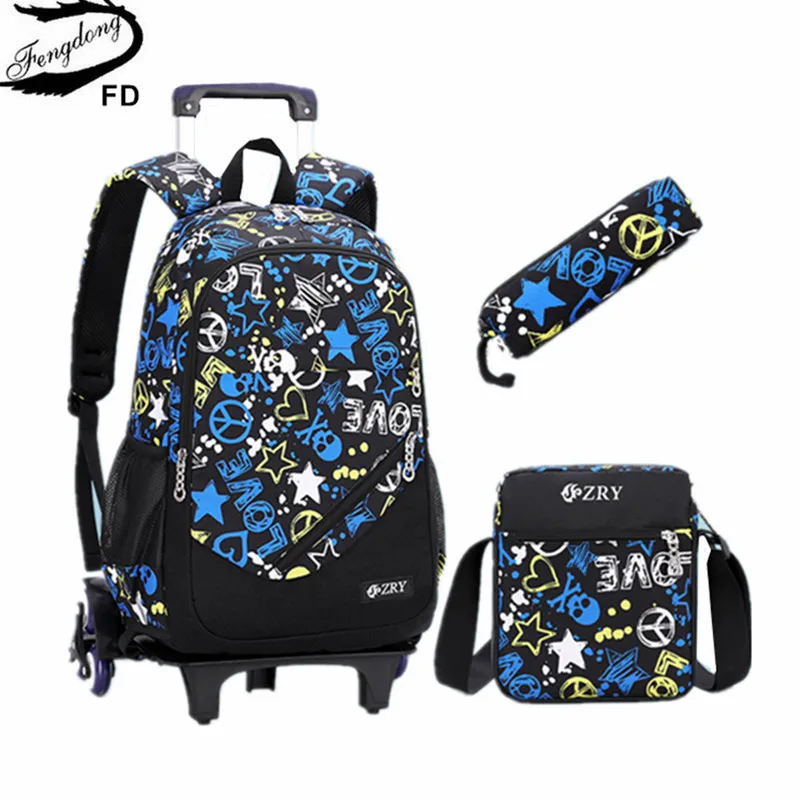 Fengdong boys school backpack kit with wheels student trolley school bags waterproof graffiti backpack bookbag pencil bag set