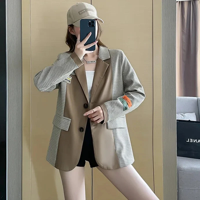 

Women Autumn Blazer Coat Korean Fashion Turn Down Collar Single-Breasted Plaid Suit Jacket Tops Female Clothes Casaco Feminino