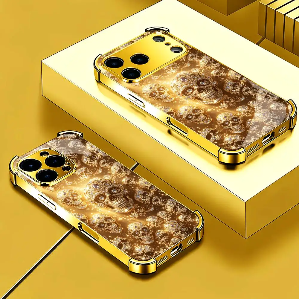 Роскошный золотой чехол для телефона с изображением черепа для iPhone 17, 16, 15, 14, 13, 12 Pro Max Plus (art.: 3920db586bd39) - 3920db586bd39