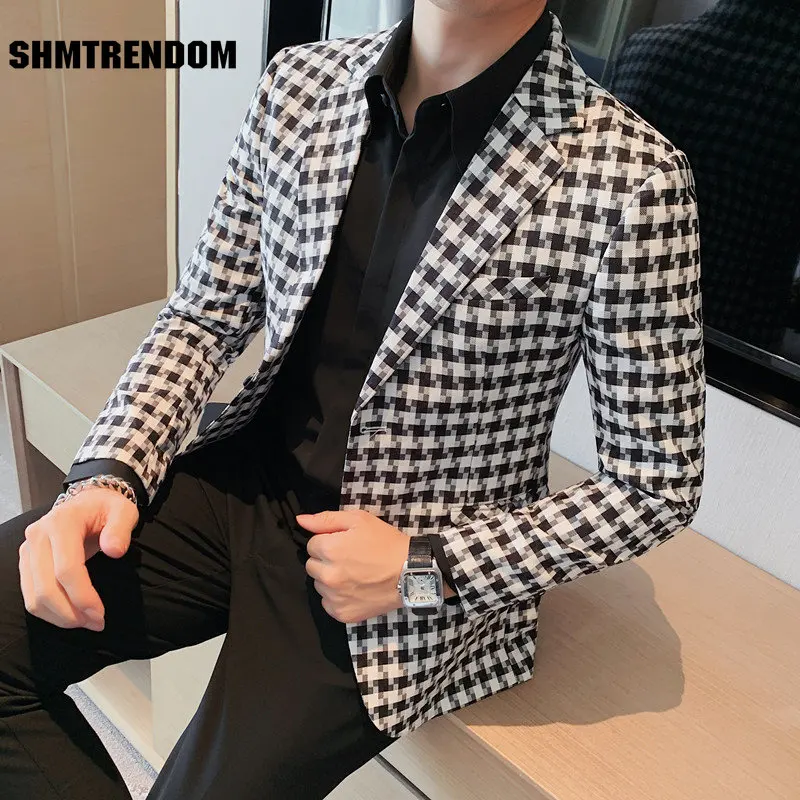 

2023 British Style Men Casual Blazer British Style Business Slim Fit Plaid Suit Coat Male Formal Single Buckle Suit Jacket 4XL