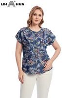 lih hua womens plus size denim shirt cotton woven print shirt button short sleeve crew neck casual top