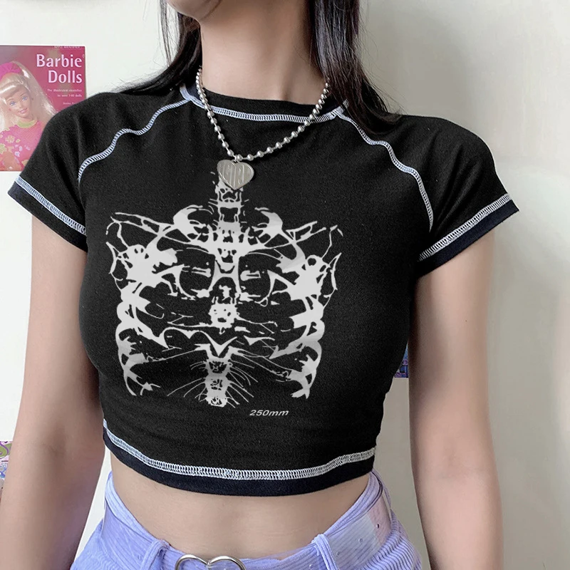 Aesthetic skeleton women's T-shirt Harajuku Y2K black sweet girl slim skull print fun vintage graphic clothes crop top E-girl