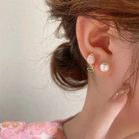 classic graceful pink tulip stud earrings aesthetic fairy imitation pearl stud earrings sweet girly heart ear ornaments