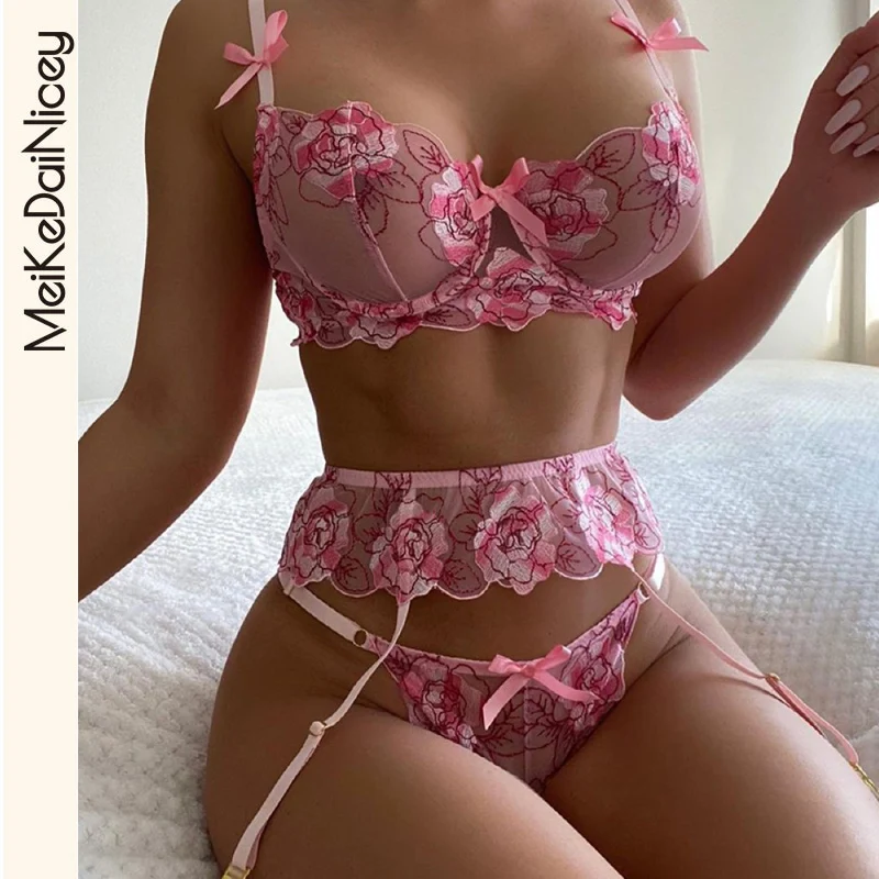

MeiKeDaiNicey Floral Sexy Lingerie Underwear Set Underwire Sensual Lingerie Woman Set Woman 3 Pcs Lace Brief Set Erotic Lingerie