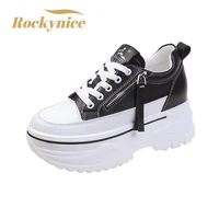 women hidden heels sneakers 7cm high platform wedge sneakers autumn zip chunky leather shoes woman lace up dad white ankle shoes