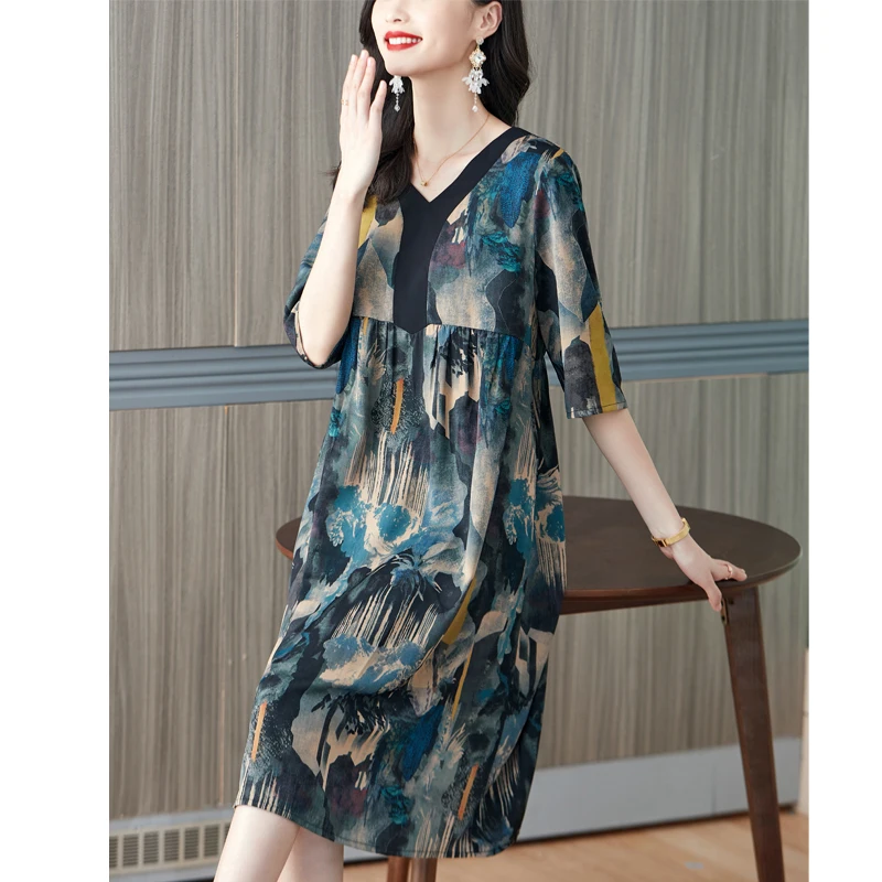 Special Promotion Silk Printing V-neck Ladies Dress 2022 Summer New Large Size Loose And Thin Casual Long Skirt Elegant Party |