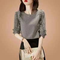fashion printed houndstooth spliced ruffles oversized shirt summer new casual pullovers loose commute womens clothing blouse