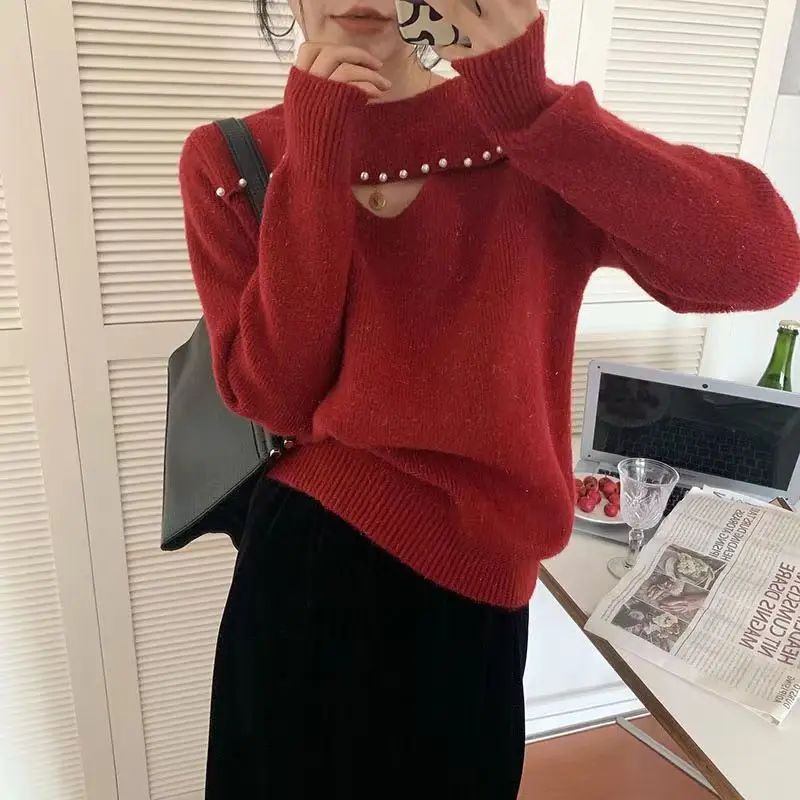 

Design sense pullover sweater temperament niche hollow pearl glitter loose and thin all-match long-sleeved pullover sweater