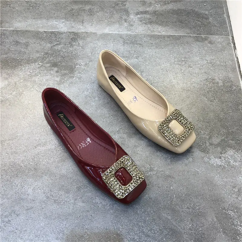 Square Toe Flat Shoes Women Shallow Mouth Patent Leather Rhinestone Square Buckle  Ladies Shoes Spring 2023 New Zapatos De Muje