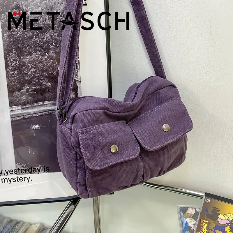 

METASCH Casual Style Small Canvas Shoulder Bag for Women 2022 Summer Multiple Pockets Girls Crossbody Bags Handbags and Purses
