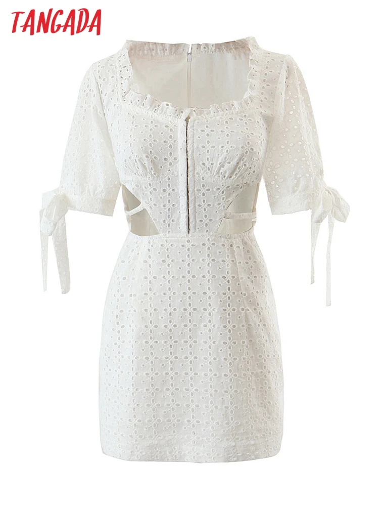 

Tangada 2023 Women Summer White Embroidery Cut-out Dress Puff Short Sleeve Ladies Vintage Mini Dress DZ70