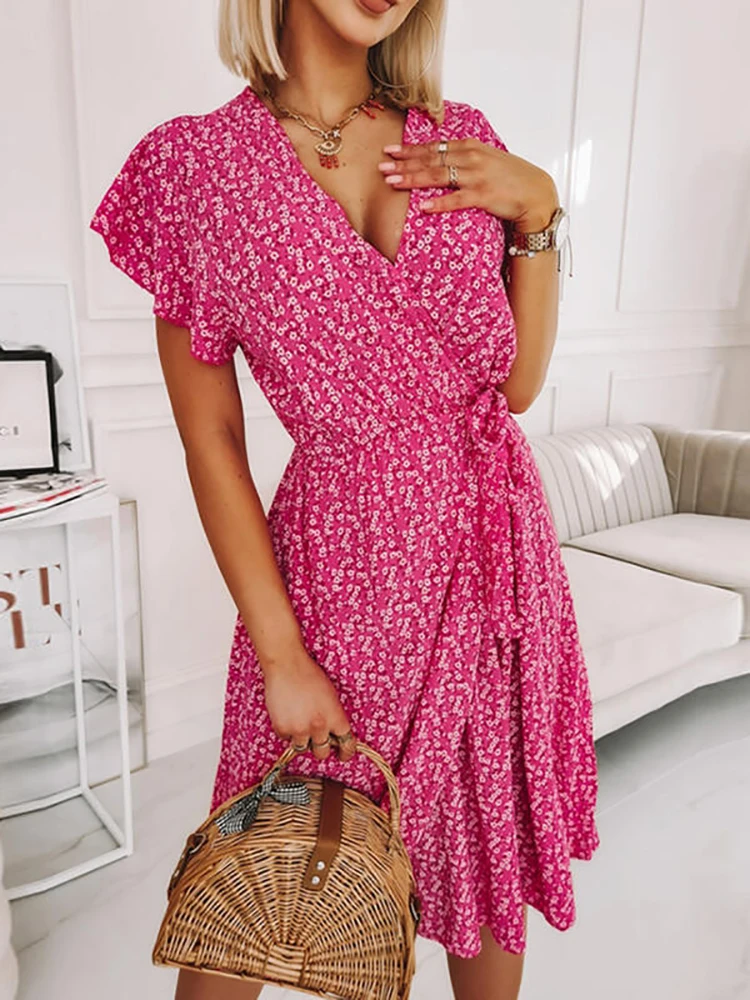 

Women Summer Printing Slim Elegant Chiffon Mini Dress Casual V-neck Lace Up Bohemian Dress High Waist Lady Ol Short Sleeve Dress