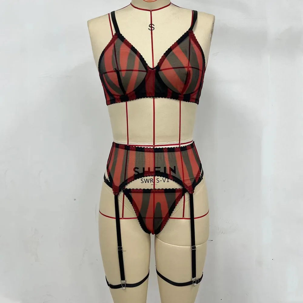 Europe and America sexy thin leopard bra suit mesh printed underwear women's garter belt