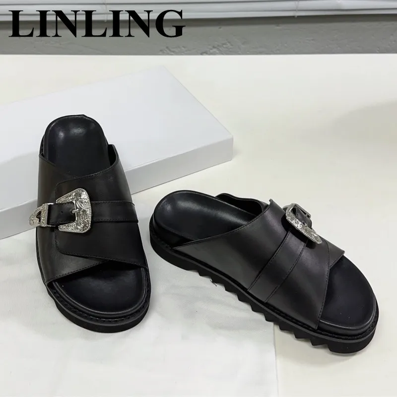 

Тапки женские кожаные Нескользящие, сланцы, металлический декор, плоская подошва, Повседневная Уличная пляжная обувь, черные, лето 2023