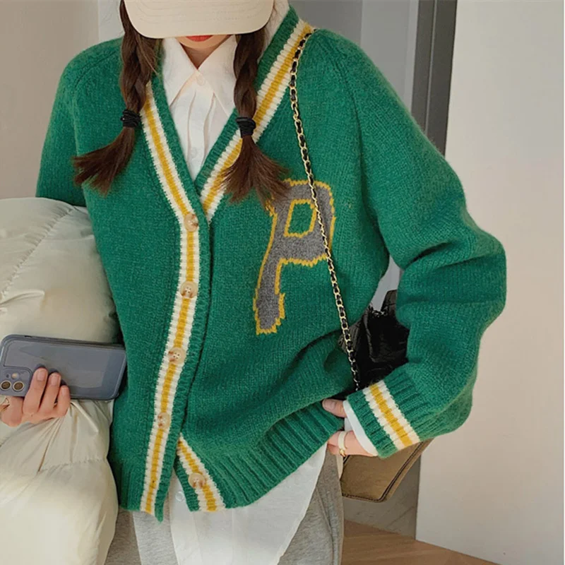 

Alphabet Sweater Loose Knit Outer Cardigan Women's Autumn Winter New Contrast Casual V-neck Slouchy Coat green cardigan